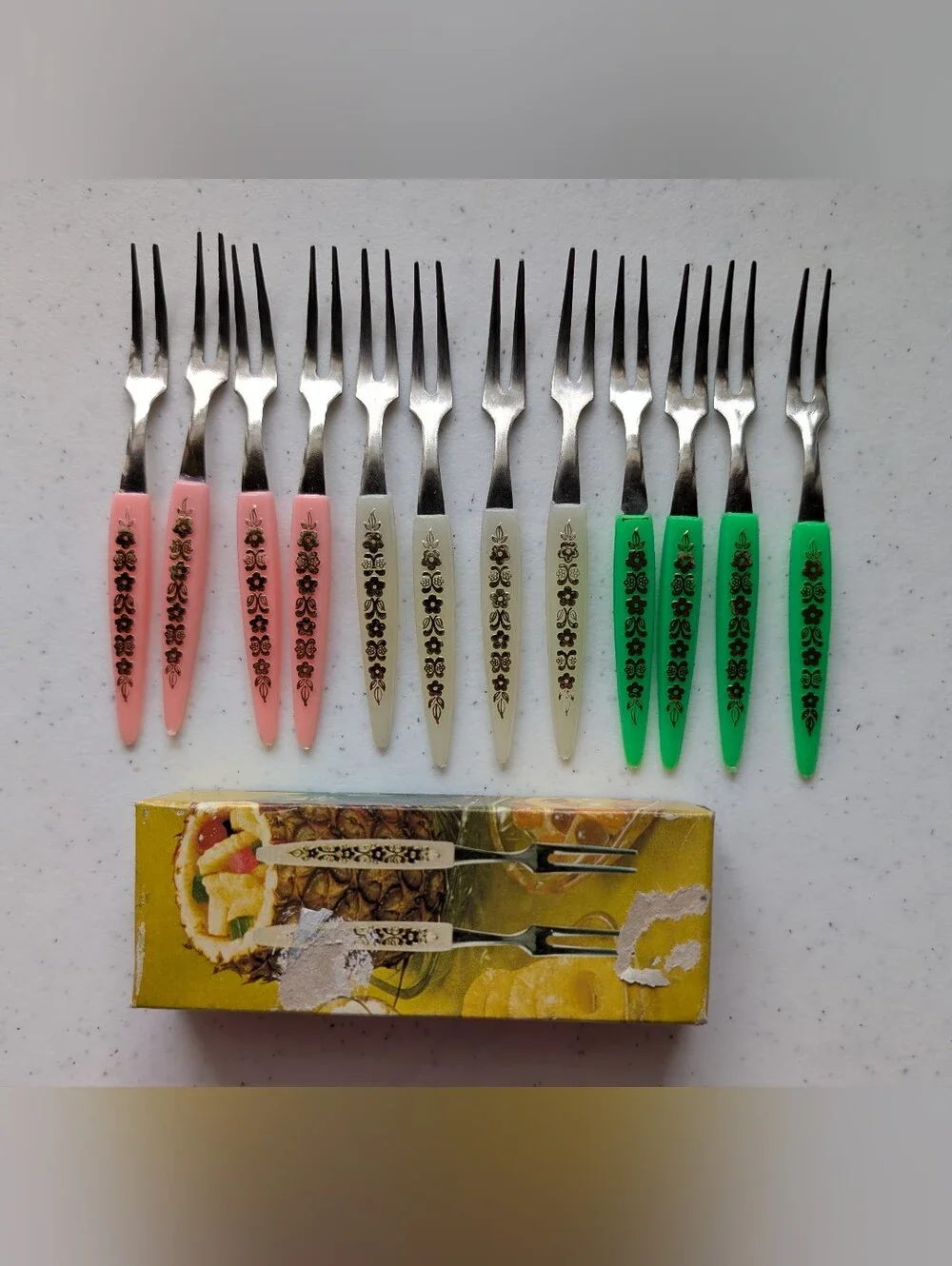 2 Vintage Sets Stainless Steel Cocktail Little Forks MCM Multicolor Charcuterie